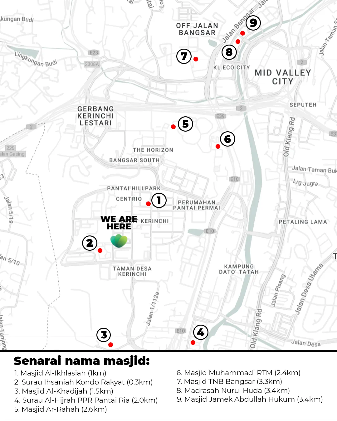 Senarai masjid dan surau dalam radius 5km daripada Pusat REBUNG